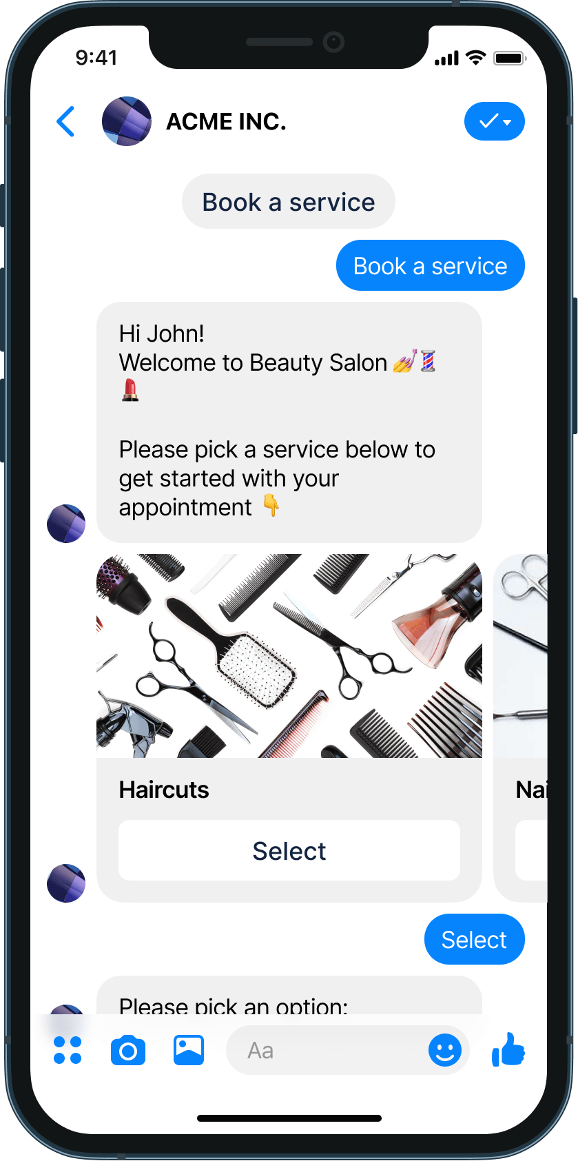 Beauty salon appointment booking chatbot example