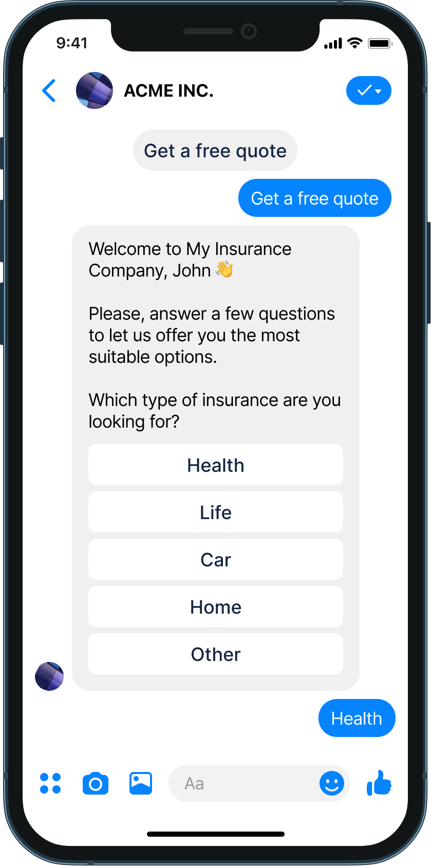 Collecting applications for insurance chatbot example